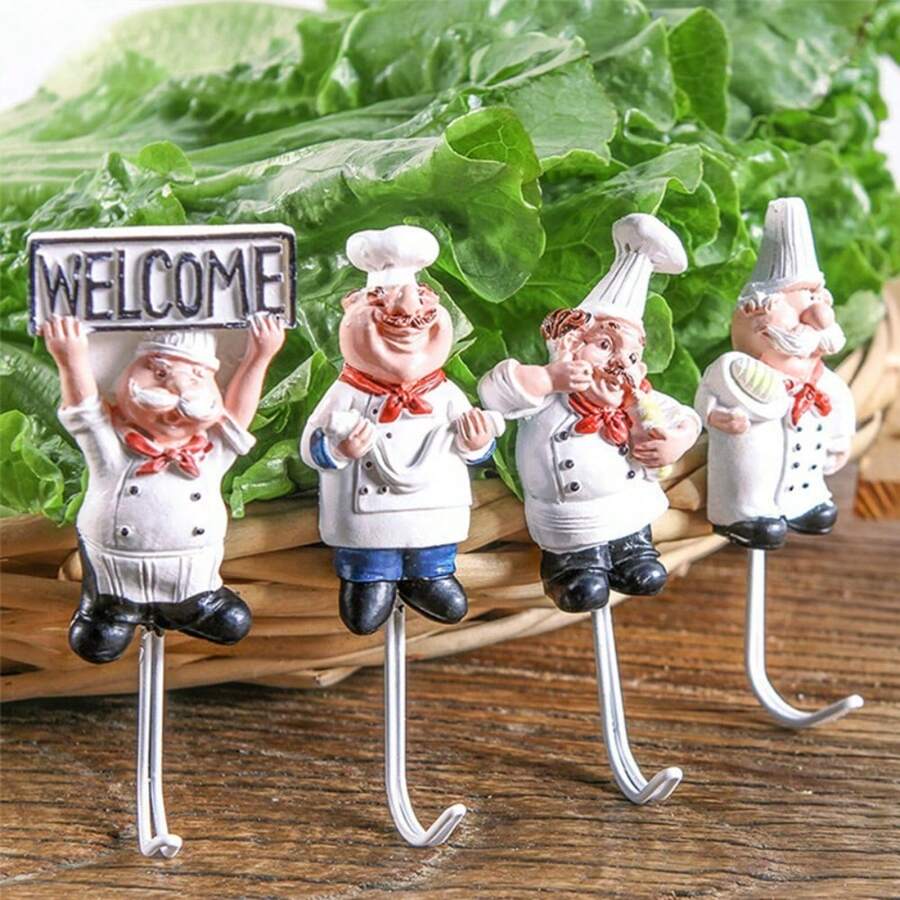 Cartoon 3D Chef Adhesive Hook, No-Drill Strong Wall Mount Hook, Creative Retro Resin Decorative Hook, Universal For Kitchen, Bathroom, Door, Wall, Storage For Cookware, Towels, Keys, Western Restaurant Home Fun Wall Organizer Small Hook - Multicolor - View 1