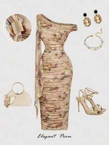 MOD Vestido midi de mujer con cuello asimétrico drapeado, parches y cinturón, de unicolor - Multicolor - Ver 1