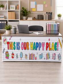 1 pieza - Falda de mesa de aula Happy Place, decoración de mesa colorida de vuelta a la escuela, cubierta elástica de poliéster de spandex para escritorio de profesor, centro de biblioteca y fiesta de bienvenida - Multicolor - Ver 5