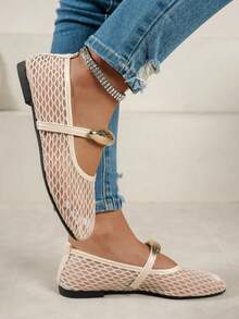 女款鏤空網金屬裝飾瑪麗珍平底鞋，方頭，透氣，低筒，通勤百搭休閒 - 米色 - 查看 3
