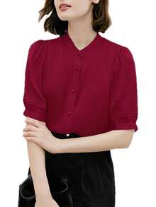 Blusa de manga corta con cuello alto y seda para mujer con pliegues y botones para oficina - Negro - - Ver 1