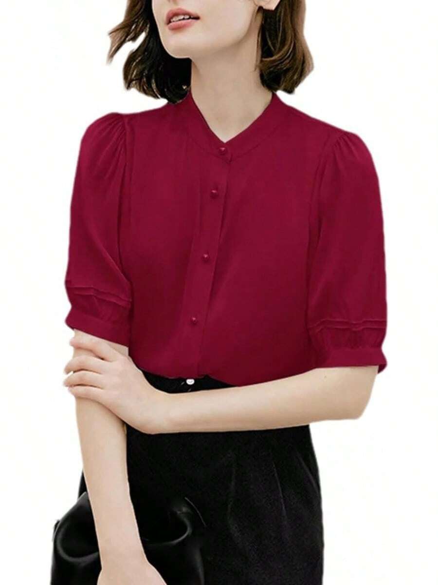 Blusa de manga corta con cuello alto y seda para mujer con pliegues y botones para oficina - Negro - - Ver 1