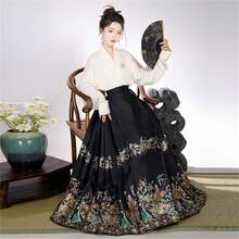 Traje de baile de Hanfu Tang Ming para mujer, diseño de patrón dorado, bordado de Hanfu - Falda azul marino - Ver 4