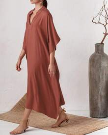 Bsubseach Mujer Vestido de Verano Kaftán para Playa de Seda Cuello en V Manga de Murciélago - Azul pavo real B - Ver 2
