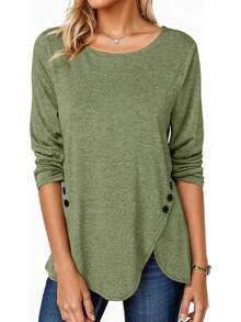 Fisoew - Blusa casual de manga larga para mujer, cuello redondo, botones laterales - Caqui - Ver 18