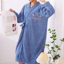 Embroidered Cartoon Short Sleeve SPA Bathrobe With Waist Tie, Adjustable Thick Soft Absorbent Bath Towel And Hair Drying Cap, Suitable For Home, Travel, Sauna, SPA - Multicolor - View 7