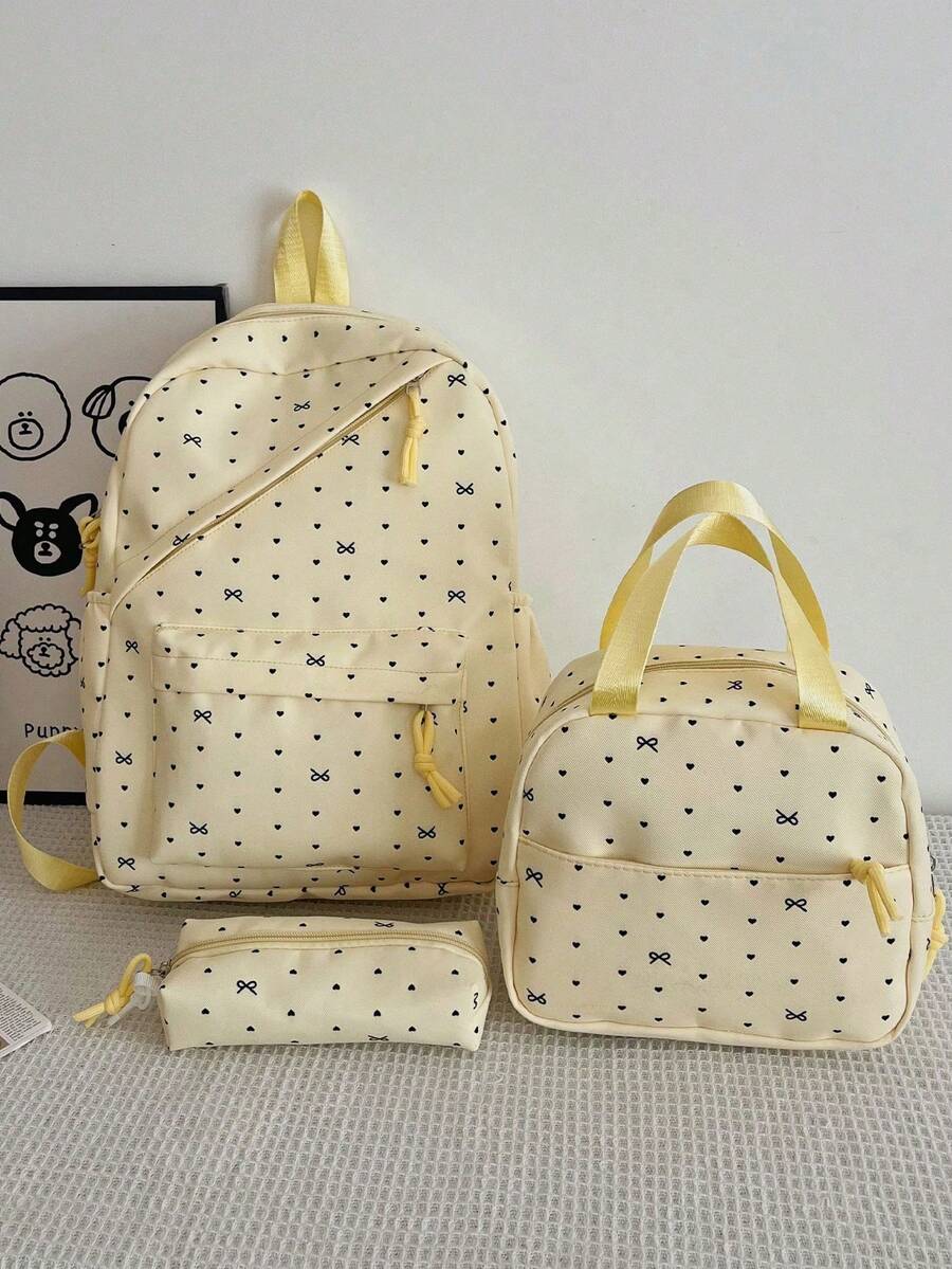 3-Piece Set Of Nylon Backpacks With Bow And Heart Print, Foldable Backpack With Multiple Large Capacity Pockets And Zipper, Suitable For Teenagers And Students - Yellow 2 - View 1