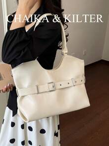 CHAIKA & KILTER 1pc Solid Color PU Fabric Tote Bag, Women's Vintage Fashion Shoulder Tote Bag, Double Handle Design, Zipper Closure, Strap Decoration, Suitable For Daily And Street Use - White - View 8