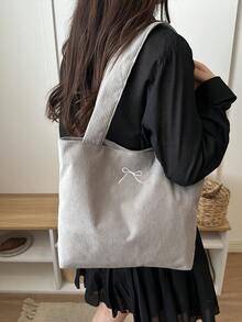 Bolso de hombro tipo tote de pana de color liso - Gris - Ver 5