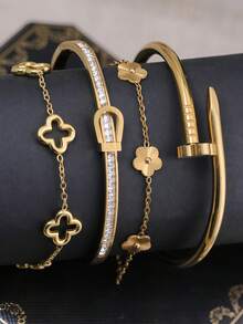 4pcs/Set/3pcs/1pc Gelang Mata Jahat Warna Emas | Set Gelang Mata Biru Enamel & Desain Kabel Terpilin untuk Perhiasan Fashion Kasual/Pesta Sehari-hari - Yellow Gold - View 2