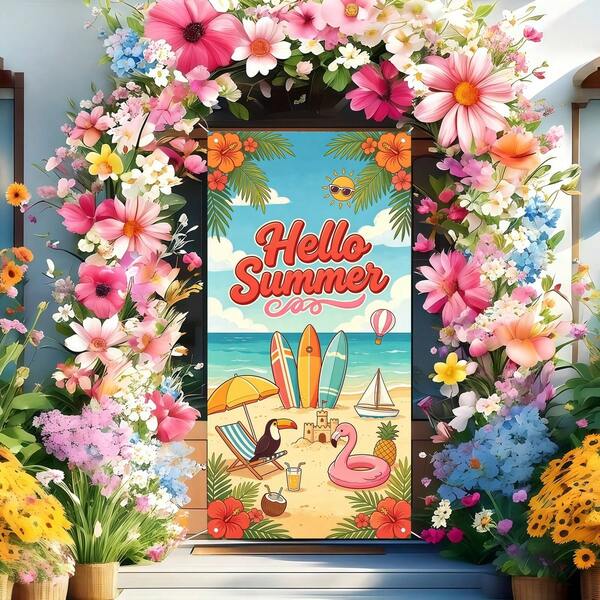 1pc Fresh Summer Beach Door Banner, Polyester Material, Surfboard Flamingo Beach Leisure Pattern Decor Background, Suitable For Party Events, Porch Decoration, Shooting Props, Indoor & Outdoor Wall Decor