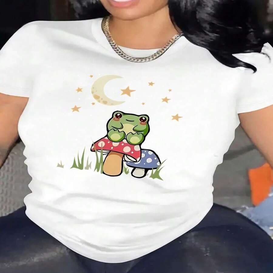 Talla unisex. Ropa Deportiva para Mujer con una Elegante Camiseta de Manga Corta y Cuello Redondo con un Diseño de Rana de Dibujos Animadossoft cartoon - Blanco - Ver 1