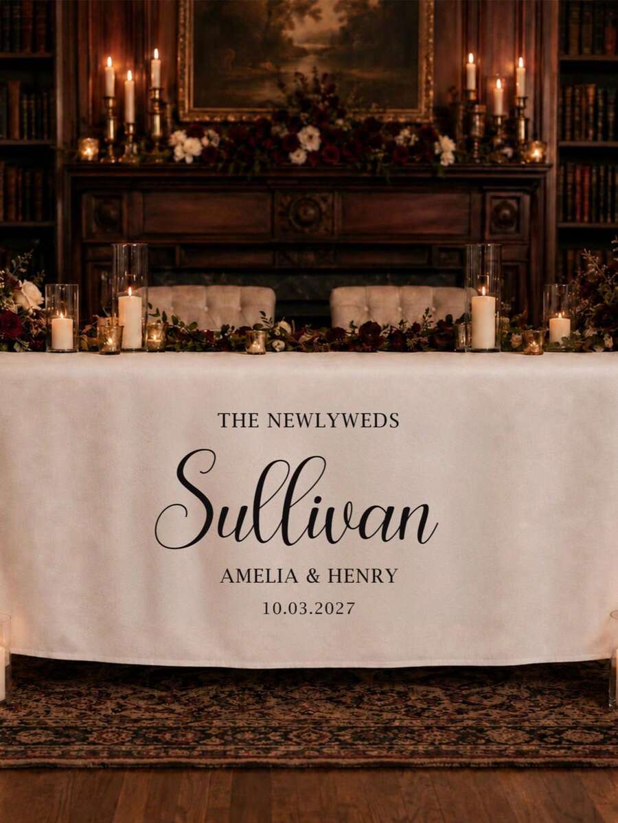 1pc Customized Text Wedding Table Runner - Personalized Surname Linen Banner Sweet Table Decor Elegant Wedding Banquet Decoration Romantic Gift For Groom And Bride Suitable For Valentine's Day Anniversary Engagement Bridal Shower Wedding Celebration - Multicolor - View 1