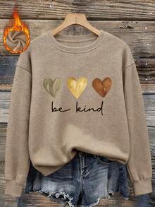Plus Size Women's Casual Knit Sweater, Heart & Leopard Print, Long Sleeve Crew Neck Graphic Top, Spring/Autumn Casual Wear - Camel - View 2