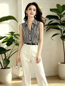1pc Unique And Beautiful Sleeveless Striped Shirt, With French High-End Style, Perfect For Summer Wear, French Girl Style - Black - View 4