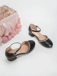 Girls' 30-37 Size Pointed Toe Rhinestone Hollow Ankle Strap Chunky Heel Pumps, New Fashion Party Wedding Style Solid Color Princess Shoes - Black - View 3