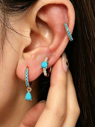 6pcs/Set European & American Ins Style Colorful Cubic Zirconia Water Drop Dangle Earrings Set, Women's Holiday Party Gift, Luxury Fashion Versatile Ear Jewelry