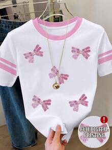 Camiseta casual holgada de mujer con cuello redondo, manga corta, rayas y bordado de perro de dibujos animados - Blanco 3 - Ver 1