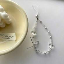 Crystal Transparent Heart Beaded Silver Bow Phone Lanyard Anti-Loss Wrist Strap Portable Personalized Phone Strap Beaded Bag Charm Keychain - White - View 4