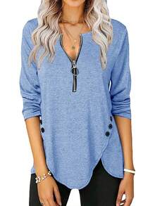Fisoew - Blusa casual de manga larga para mujer, cuello redondo, botones laterales - X-Sky Azul - Ver 6