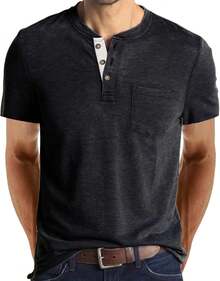 YOUTHGO Camiseta Henley Casual para Hombre Playera de Solapa Frontal de Manga Corta con Botones - caqui (manga largo) - Ver 18