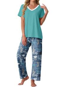 PrinStory - Conjunto de pijama suave de 2 piezas para mujer, conjunto de pijama casual de manga corta con bolsillos - Rayas cian - Ver 12