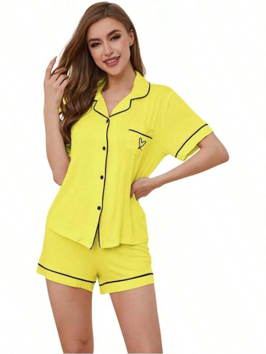 Conjunto de pijama para mujer, cuello con solapa, manga corta, top con bolsillo en el pecho y pantalones cortos con cintura elástica, 2 piezas, ropa de dormir para mujer. - RQ02-Beige - Ver 1