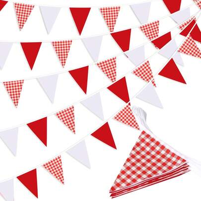 36pcs Red Plaid Triangle Bunting Banner, Fabric Triangle Flag Garland, Rustic Red & White Hanging Flags, Suitable For Wedding, Birthday, Picnic, BBQ, Carnival, Baby Shower, Garden Outdoor Holiday Decoration