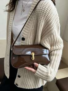 Women's Handbag Shoulder Bag, Solid Color With Gold Buckle, Vintage Classic Style, Suitable For Daily, Party, Work (Gift Bag Not Included) - Brown - View 9