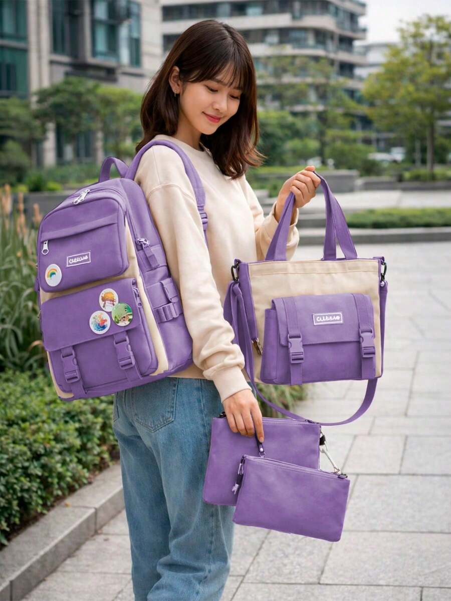Shendy Vendy Backpack With Large Capacity, 5-Piece Set Fashionable Cool Youth Backpack Pencil Case Laptop School Student - MOD101 淡紫色 - 查看 1