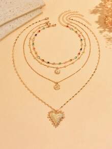 4pcs/Set Fashionable Design Colorful Rhinestone Necklaces, Elegant Versatile Gold Sun Moon Heart Elements Multi-Layer Stacked Necklaces, Popular Women's Neck Jewelry Suitable For Daily Wear And Date Party - Multicolor - View 2