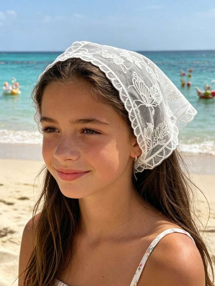 1pc Summer Lightweight Breathable Bionic Butterfly & Floral Embroidered Lace Trim Triangle Headscarf, Sweet & Cute Girls Sun Protection Daily Decorative Hair Accessory, Suitable For Beach Vacation, School, Versatile - White - View 6