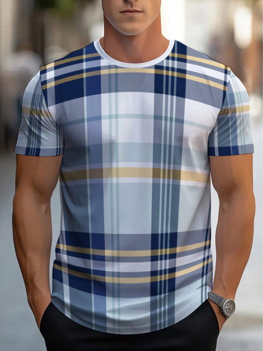 [Diseño Estampado - No Texturizado] Camiseta Ligera de Manga Corta a Cuadros para Hombre, Ideal para Uso Casual en Casa, la Oficina o Actividades al Aire Libre, Diseño Transpirable y Durader - Negro - Ver 1