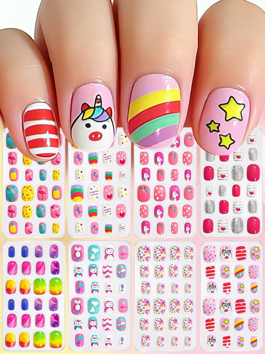 192pcs-8Box Kawaii Children Acrylic Fake Nails, Full Cover Glitter Cute Spring/Summer Pineapple, Unicorn, Penguin, Flamingo, Rainbow, Heart Short Press-On Nails Set For Kids, With 1 Nail File And 8 Jelly Stickers ﻿