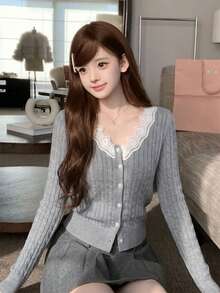 Women's Grey Cable Knit Cardigan, V-Neck Single-Breasted Short Slim Fit Long Sleeve Top, Fluffy Sweater, Korean Style, Ins Style Fall - Grey - View 5