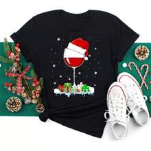 Feliz Navidad Árbol de Navidad Papá Noel Camiseta de Manga Corta de Moda para Mujer Talla Grande con Estampado de Dibujos Animados - Negro - Ver 10