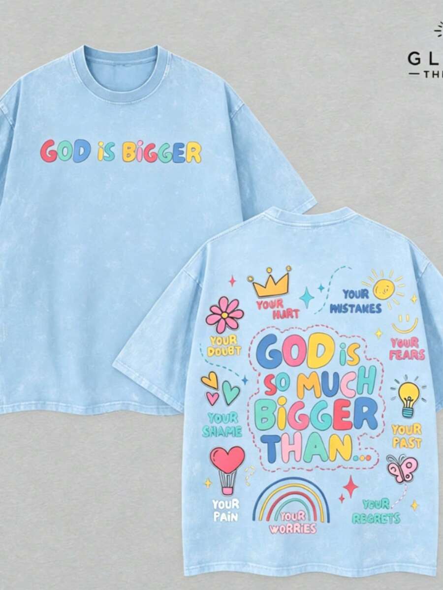 GOD IS BIGGER - GOD IS GOOD Aesthetic Jesus Saves T-Shirt Washed, Streetwear Shirt For Men Jesus Apparel Christian, Back To School Outfits Bible Ve - 淺藍色 - 查看 1