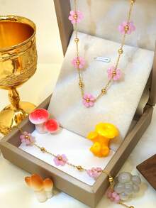 2pcs Stainless Steel Pink Flower Necklace & Bracelet Set, Ideal Gift For Women, Mother's Day, Birthday, Party, Wedding, Vacation, Back To School - Multicolor - View 8