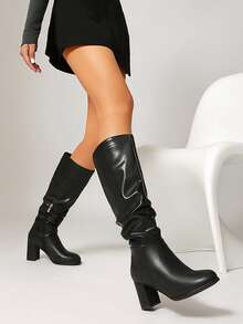 Women's Fashion Thick Heel Over-The-Knee Boots, Round Toe Versatile Side Zipper Sexy Punk Boots, Suitable For Autumn & Winter - Black - View 3