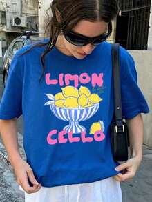 Camiseta azul mujer holgada con estampado de limones en cuenco rayado y texto Limoncello La Dolce Vita, tela ligera transpirable, camiseta casual de estilo italiano verano - Azul - Ver 1