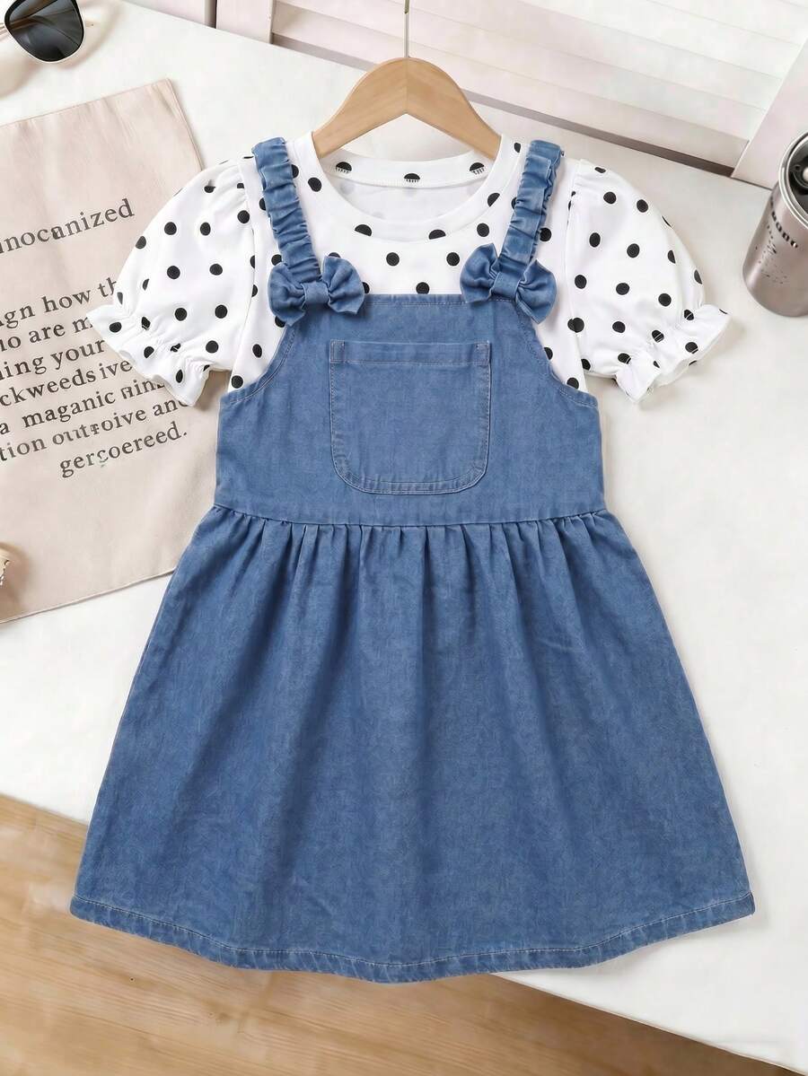 2pcs/Set Girls Toddler Casual Comfortable Cute Breathable Skin-Friendly French Style Puff Sleeve Round Neck Polka Dot T-Shirt With Bow Pleated Shoulder Strap Vintage Denim Overall Dress Outfit - Multicolor - View 1