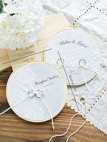 Takeoak 1pc Customized Lace Wedding Ring Pillow, Personalized Ring Holder With Name And Date Engraving, Pearl Bowknot, Rustic Elegant Round Ring Cushion, Multi-Layer Ring Display, Romantic Bridal Ceremony Decor, Engagement Anniversary Gift, Wedding Accessory - Multicolor - View 4