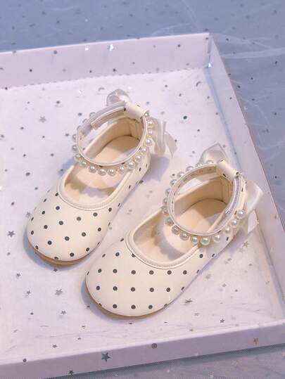 1 Pair Girls Polka Dot Pearl Ankle Strap Bow Decor Mary Jane Princess Shoes, Suitable For Baby Party, Birthday Gift, Performance, Daily Wear