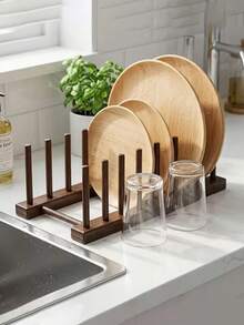 Multifunctional Dark Wood Plate Rack, Vertical Plate Storage Rack And Book Organizer, Countertop Storage Rack, Suitable For Plates, Bowls And Books, Space-Saving Display Rack, Suitable For Kitchen, Dining Area And Office - Multicolor - View 6