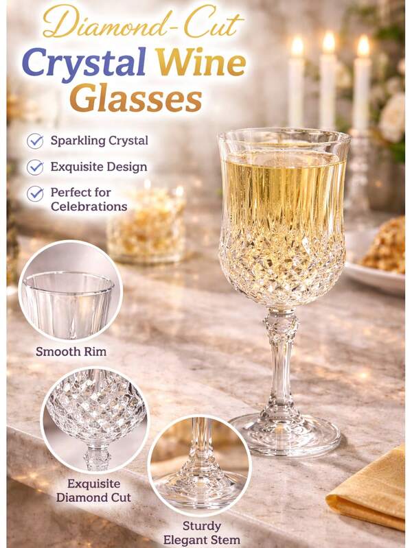 8pcs 220ml Transparent Diamond Textured Stem Champagne Glasses, Thick Transparent Glass Wine Cups, Elegant Exquisite 3D Diamond Texture Design, Suitable For Home Daily Drinking, Friends Gathering, Birthday Party, Wedding Banquet, Dinner Party, Holiday Gathering, Can Hold Sparkling Wine, Fruit Wine, Red Wine, Suitable For Couple Date, Business Dinner, Also Can Be Used As Holiday Gift, Party Favor Gift, Home Leisure Drinking Large Capacity Stem Glass