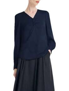 Blusa formal de manga larga con pliegues de seda con cuello en V, manga abullonada para mujer - Pnnrk - Ver 11