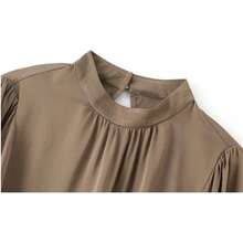 Blusa formal de manga larga para mujer, con cuello falso, plisada, manga abullonada, para negocios - Azul - Ver 4