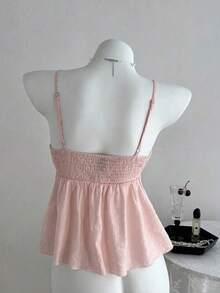 Camiseta de tirantes con volantes de unicolor lindo para damas, ropa de verano para la universidad - Albaricoque - Ver 3