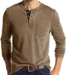 YOUTHGO Camiseta Henley Casual para Hombre Playera de Solapa Frontal de Manga Corta con Botones - caqui (manga largo) - Ver 19
