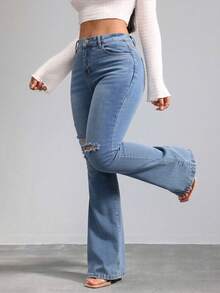 Floor-Length, High-Waisted Flare Trousers With One-Sided Rips At The Knees, High Elasticity, Fitted, Available In Multiple Shades, Retro Flowy Drape - Blue - View 3